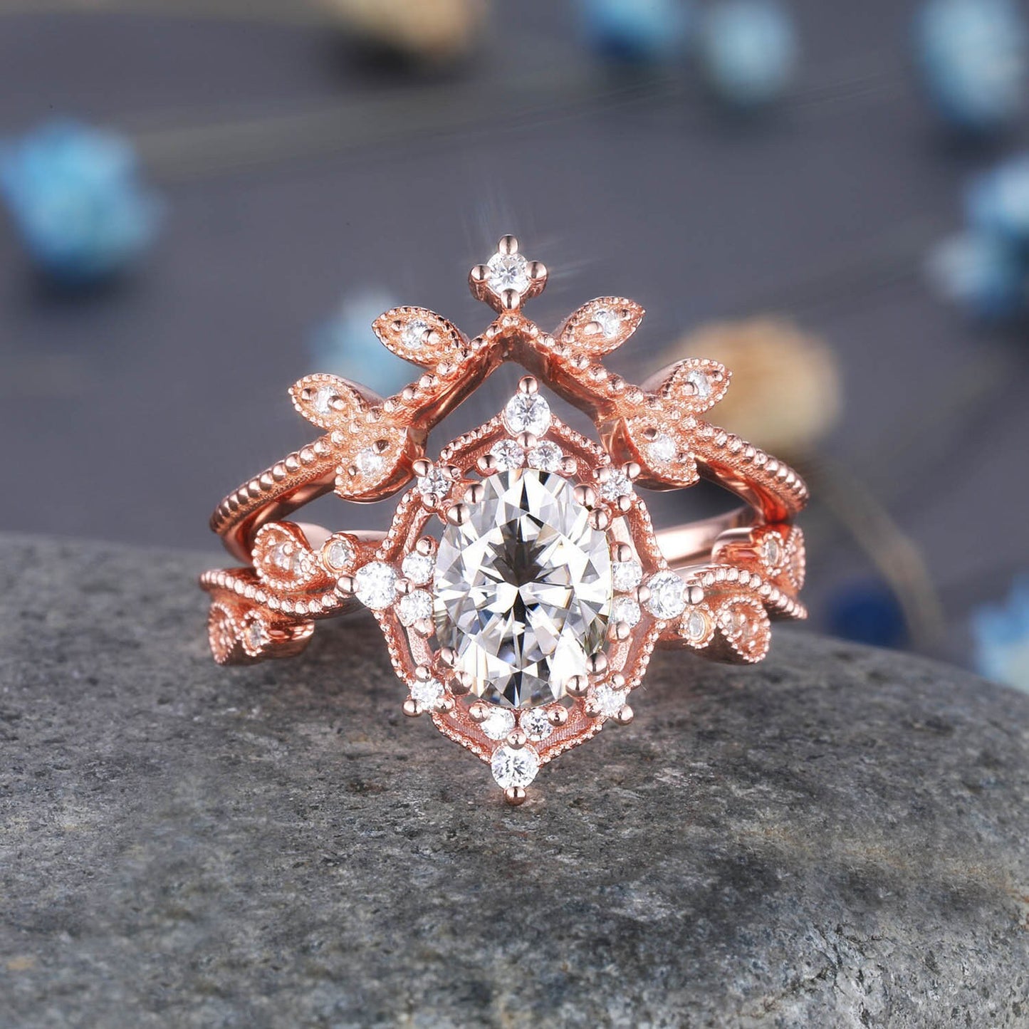 Aquamarine Wedding Ring Set Rose Gold Diamond Stackable Matching Band Aquamarine Engagement Floral Ring Art Deco Milgrain Anniversary