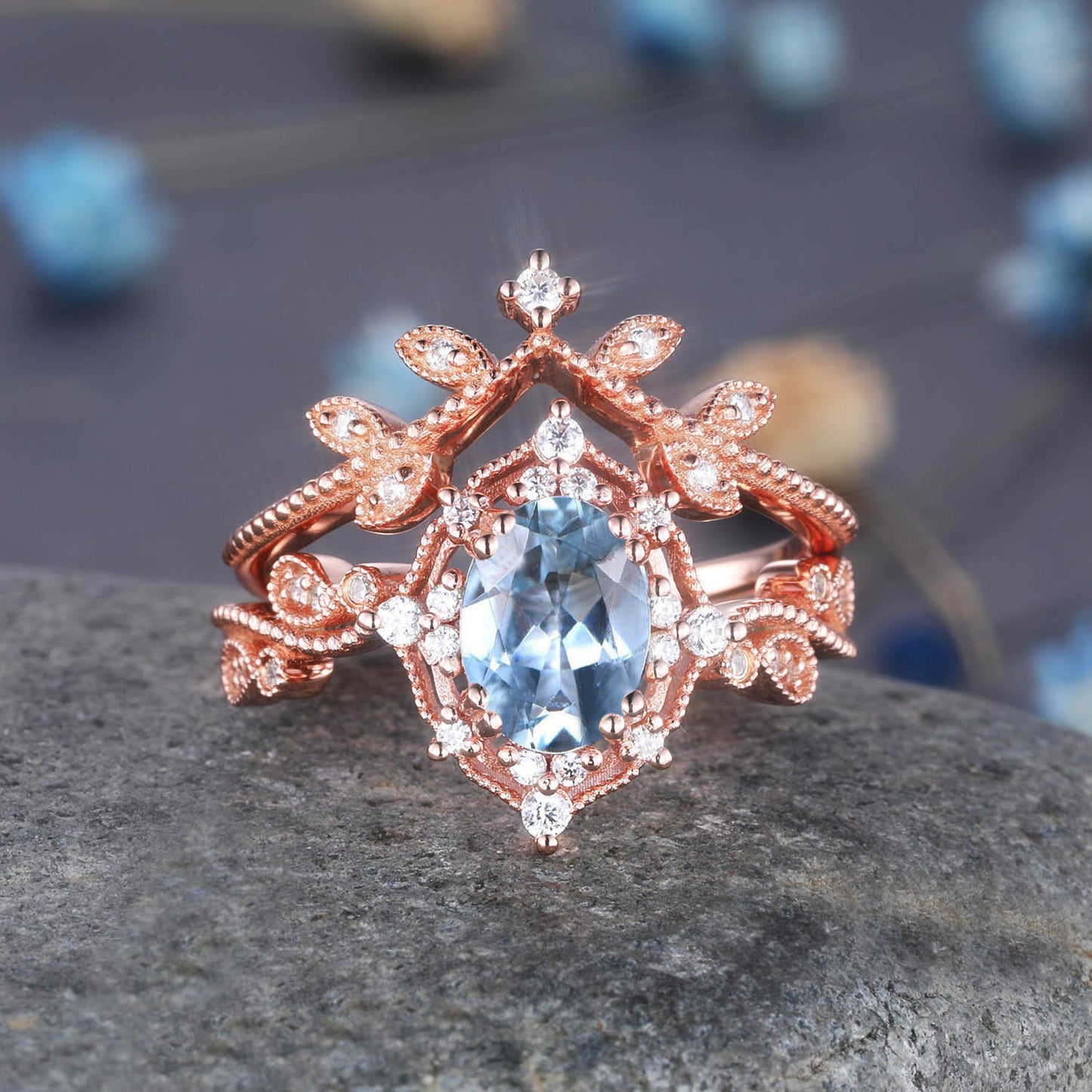 Black rutilated quartz ring set diamond wedding ring 2pcs rose gold quartz engagement ring women rose gold diamond matching band