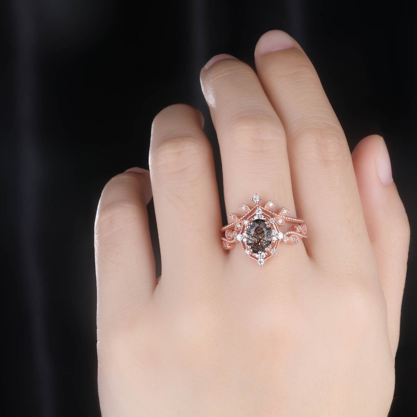 Black rutilated quartz ring set diamond wedding ring 2pcs rose gold quartz engagement ring women rose gold diamond matching band
