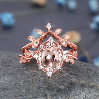 Black Opal Ring Set Rose Gold Engagement Ring Women Diamond Eternity Band Stacking Promise Bridal Ring Set Anniversary Gift For Her