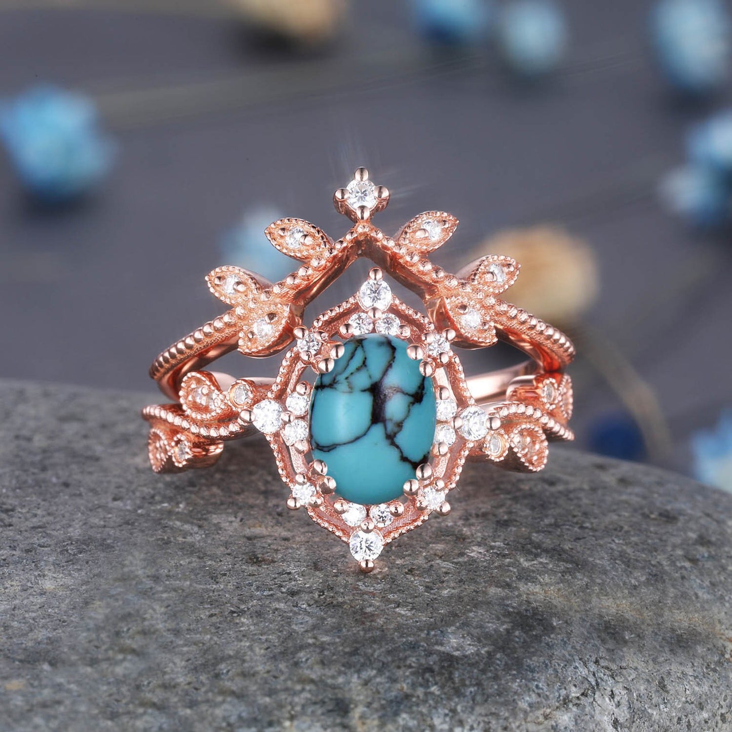 Aquamarine Wedding Ring Set Rose Gold Diamond Stackable Matching Band Aquamarine Engagement Floral Ring Art Deco Milgrain Anniversary