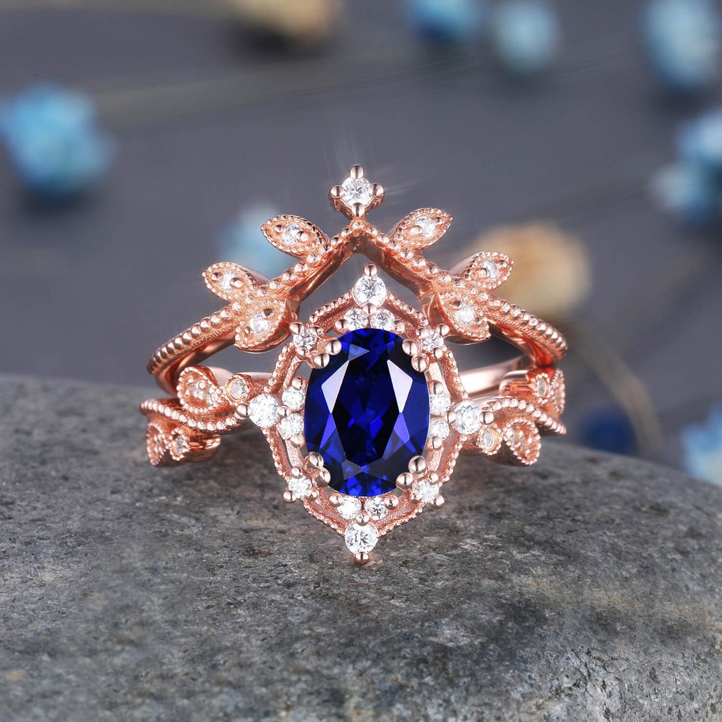 Aquamarine Wedding Ring Set Rose Gold Diamond Stackable Matching Band Aquamarine Engagement Floral Ring Art Deco Milgrain Anniversary