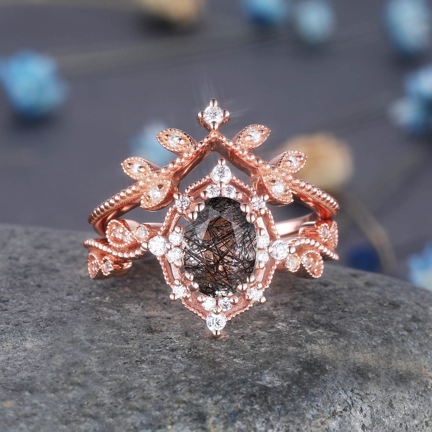 Black rutilated quartz ring set diamond wedding ring 2pcs rose gold quartz engagement ring women rose gold diamond matching band