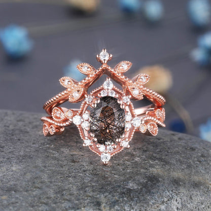 Black rutilated quartz ring set diamond wedding ring 2pcs rose gold quartz engagement ring women rose gold diamond matching band