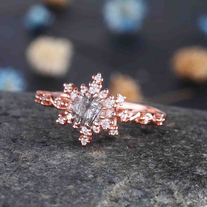 Black Rutilated Quartz Engagement Ring Rose Gold Antique Diamond Halo Wedding Ring Round Quartz Minimalist Floral Bridal Jewelry