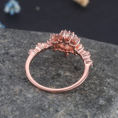 Black Rutilated Quartz Engagement Ring Rose Gold Antique Diamond Halo Wedding Ring Round Quartz Minimalist Floral Bridal Jewelry