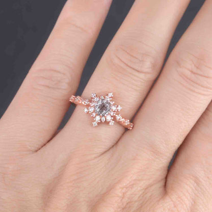 Black Rutilated Quartz Engagement Ring Rose Gold Antique Diamond Halo Wedding Ring Round Quartz Minimalist Floral Bridal Jewelry