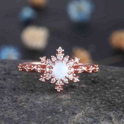Black Rutilated Quartz Engagement Ring Rose Gold Antique Diamond Halo Wedding Ring Round Quartz Minimalist Floral Bridal Jewelry