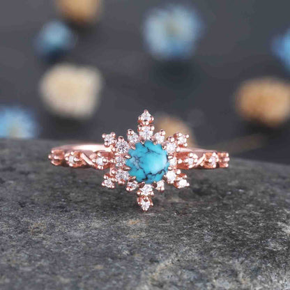 Black Rutilated Quartz Engagement Ring Rose Gold Antique Diamond Halo Wedding Ring Round Quartz Minimalist Floral Bridal Jewelry