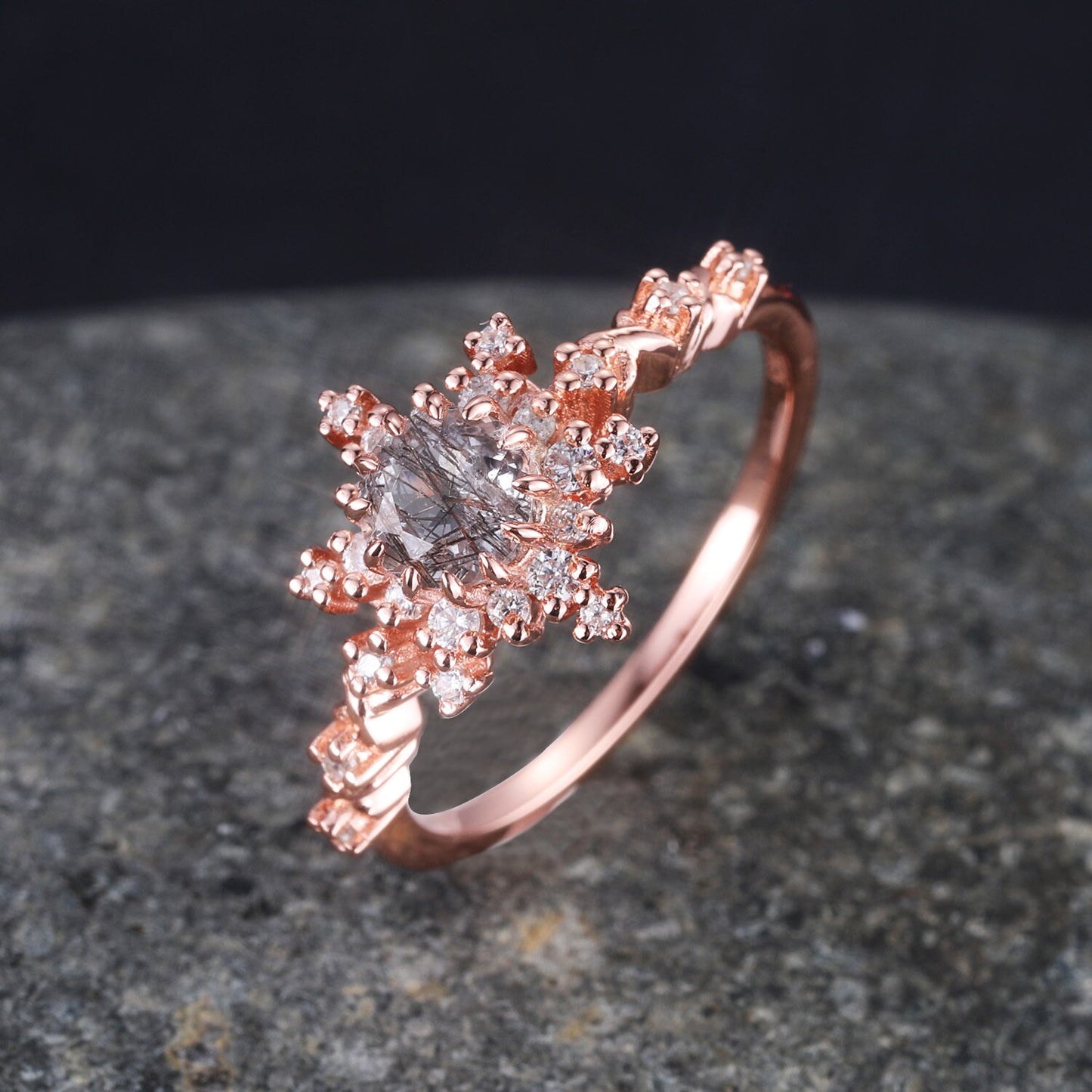 Black Rutilated Quartz Engagement Ring Rose Gold Antique Diamond Halo Wedding Ring Round Quartz Minimalist Floral Bridal Jewelry