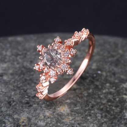 Black Rutilated Quartz Engagement Ring Rose Gold Antique Diamond Halo Wedding Ring Round Quartz Minimalist Floral Bridal Jewelry