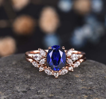Vintage Moissanite Wedding Ring Set Oval Moissanite Engagement Ring Women Moissanite Stacking Matching Band 14K Rose Gold Half Eternity Ring