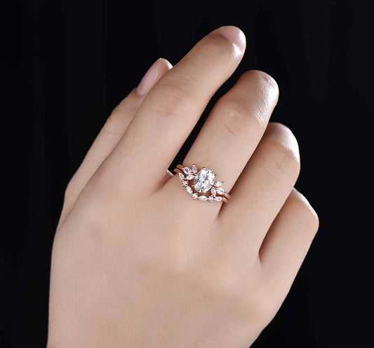 Vintage Moissanite Wedding Ring Set Oval Moissanite Engagement Ring Women Moissanite Stacking Matching Band 14K Rose Gold Half Eternity Ring