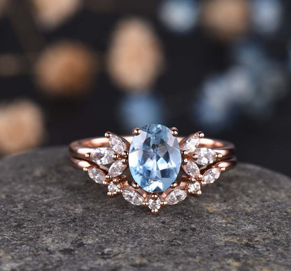 Vintage Moissanite Wedding Ring Set Oval Moissanite Engagement Ring Women Moissanite Stacking Matching Band 14K Rose Gold Half Eternity Ring