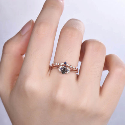 Black Rutilated Quartz Engagement Ring Rose Gold,Black Diamond Solitaire Ring,Pear shaped wedding rings for women