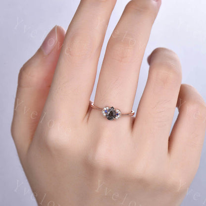 Black Rutilated Quartz Engagement Ring Rose Gold,Black Diamond Solitaire Ring,Pear shaped wedding rings for women