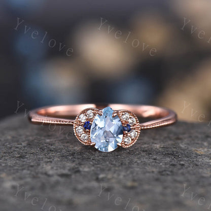 Black Rutilated Quartz Engagement Ring Rose Gold,Black Diamond Solitaire Ring,Pear shaped wedding rings for women