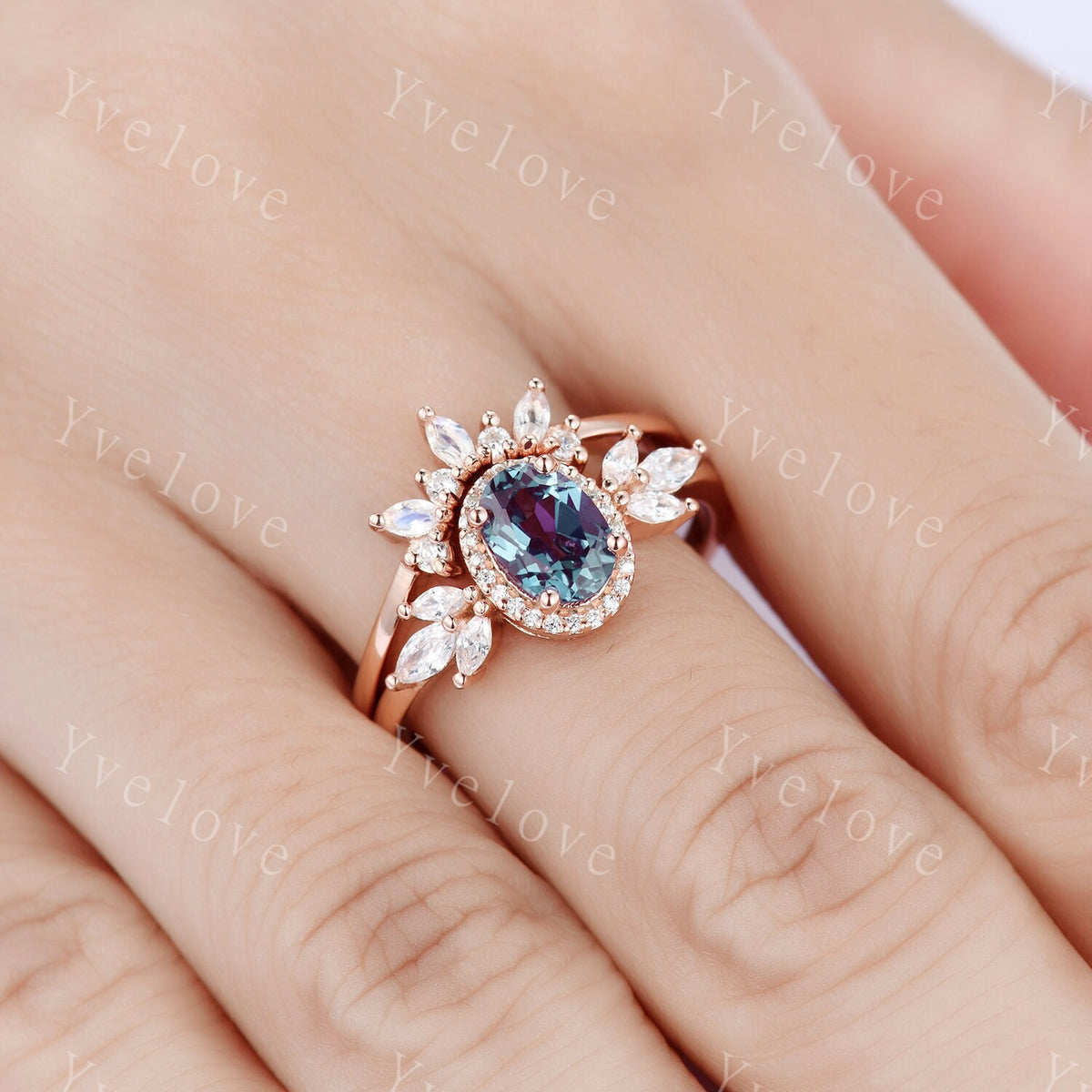 Vintage Style Alexandrite Engagement Ring Set Women Diamond Halo Marquise Moissanite Matching Band Stacking Ring Set Unique Gift Marry her