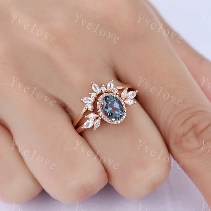 Vintage Style Alexandrite Engagement Ring Set Women Diamond Halo Marquise Moissanite Matching Band Stacking Ring Set Unique Gift Marry her