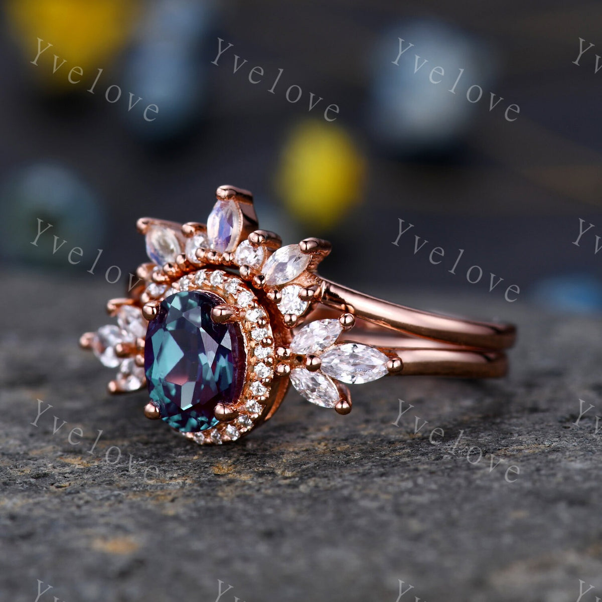 Vintage Style Alexandrite Engagement Ring Set Women Diamond Halo Marquise Moissanite Matching Band Stacking Ring Set Unique Gift Marry her