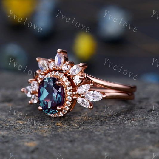 Vintage Style Alexandrite Engagement Ring Set Women Diamond Halo Marquise Moissanite Matching Band Stacking Ring Set Unique Gift Marry her