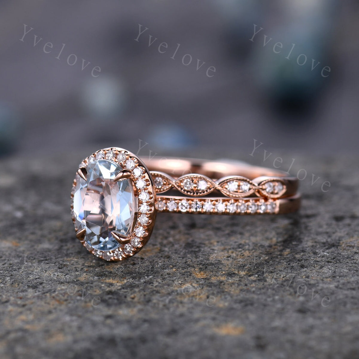 Aquamarine ring set Aquamarine engagement ring diamond ring 6x8mm oval cut natural gemstone milgrain diamond wedding band 14k rose gold