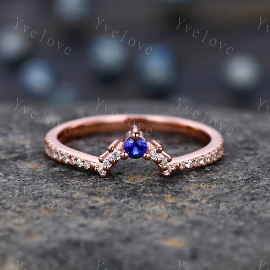 2.5mm Blue Sapphire Diamond Engagement Matching Band Stacking  ring Curved shape Half Eternity diamond Danity wedding band Bridal Ring Set