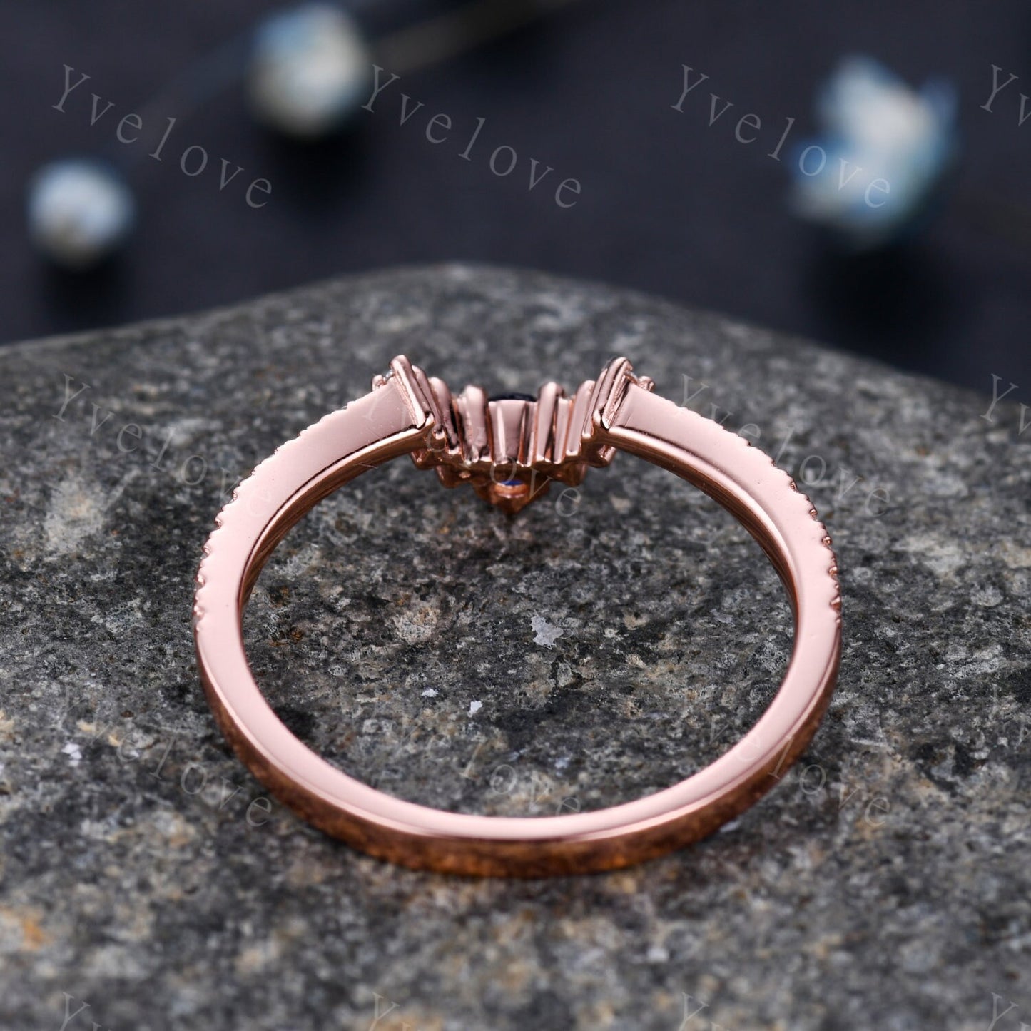 2.5mm Blue Sapphire Diamond Engagement Matching Band Stacking  ring Curved shape Half Eternity diamond Danity wedding band Bridal Ring Set