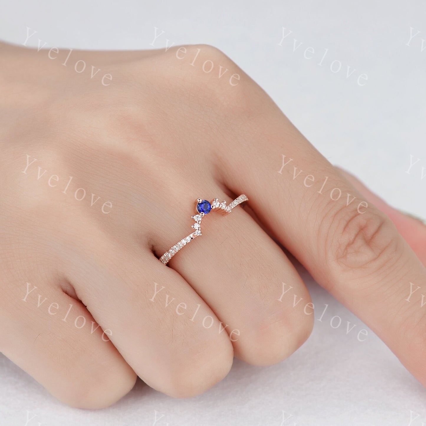 2.5mm Blue Sapphire Diamond Engagement Matching Band Stacking  ring Curved shape Half Eternity diamond Danity wedding band Bridal Ring Set