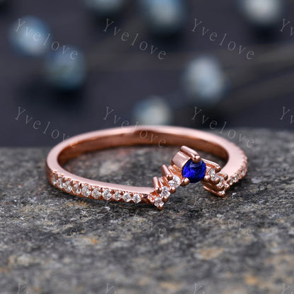 2.5mm Blue Sapphire Diamond Engagement Matching Band Stacking  ring Curved shape Half Eternity diamond Danity wedding band Bridal Ring Set