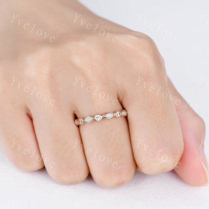 Full eternity white fire Opal wedding ring 14k rose gold diamond wedding band  marquise opal band October Birthstone stacking matching band