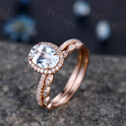 Aquamarine ring set Aquamarine engagement ring diamond ring 6x8mm oval cut natural gemstone milgrain diamond wedding band 14k rose gold
