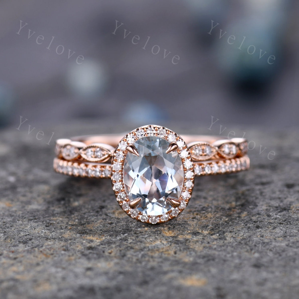 Aquamarine ring set Aquamarine engagement ring diamond ring 6x8mm oval cut natural gemstone milgrain diamond wedding band 14k rose gold