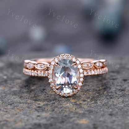 Aquamarine ring set Aquamarine engagement ring diamond ring 6x8mm oval cut natural gemstone milgrain diamond wedding band 14k rose gold