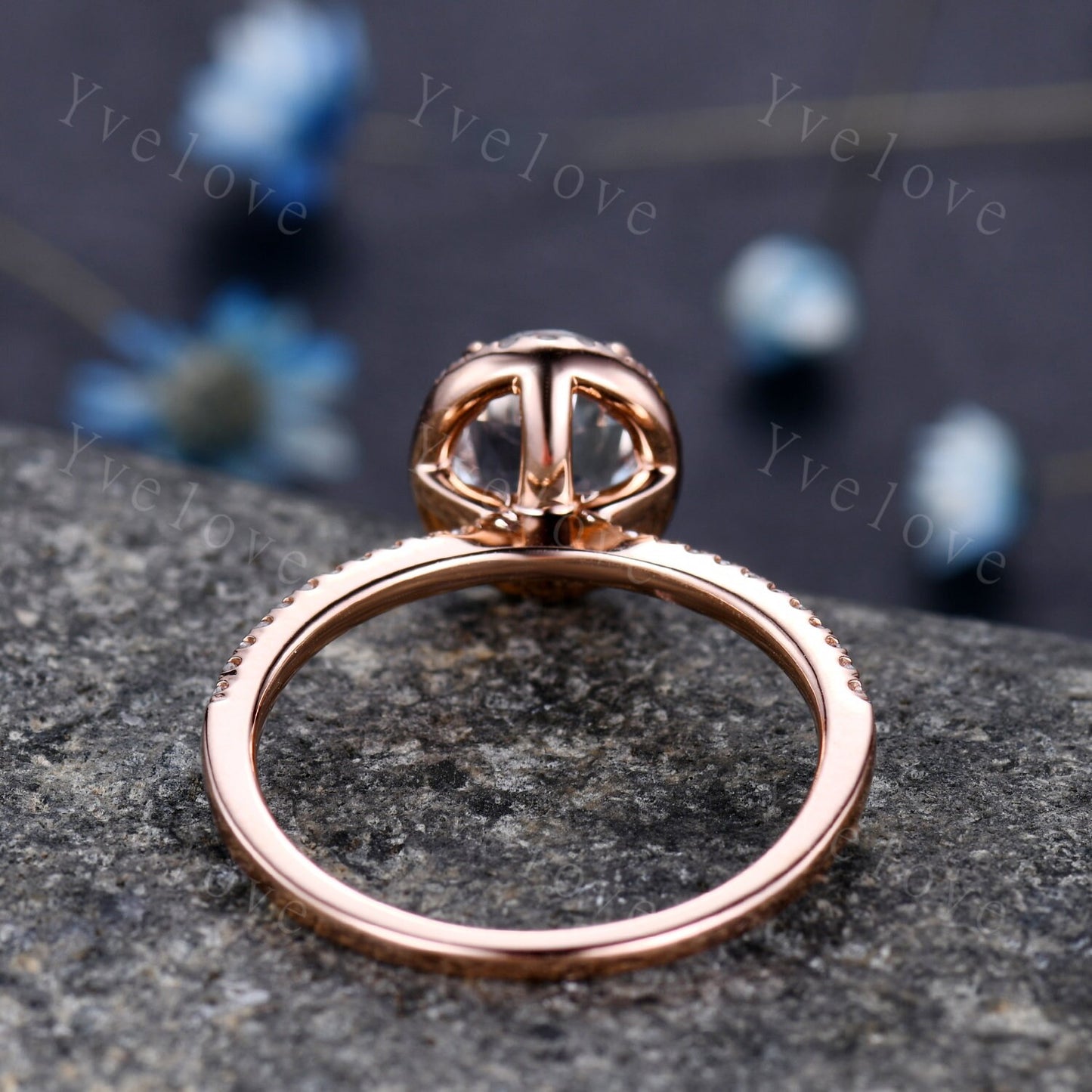 Aquamarine engagement ring rose gold promise ring 6x8mm oval cut natural VS aquamarine solid 14k diamond band halo ring custom ring