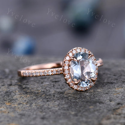Aquamarine engagement ring rose gold promise ring 6x8mm oval cut natural VS aquamarine solid 14k diamond band halo ring custom ring