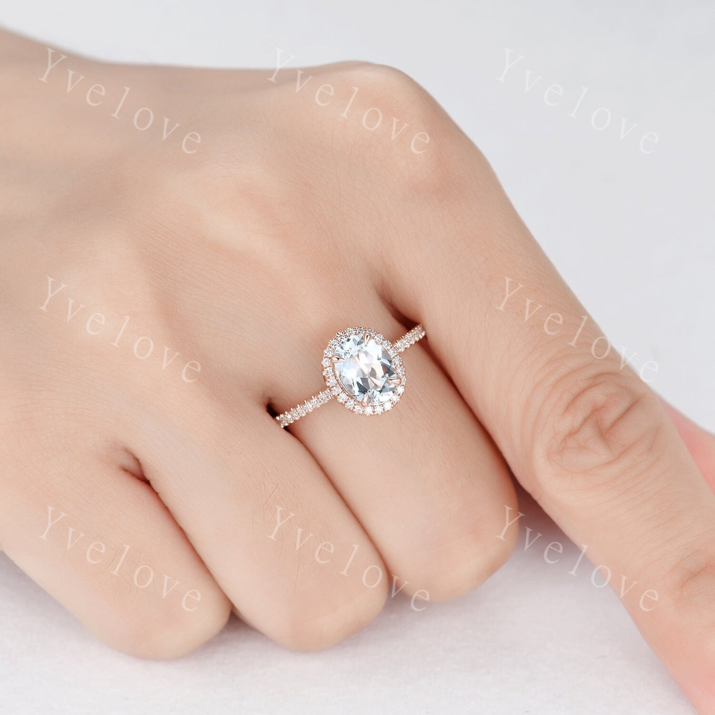 Aquamarine engagement ring rose gold promise ring 6x8mm oval cut natural VS aquamarine solid 14k diamond band halo ring custom ring