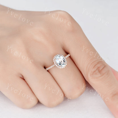Aquamarine engagement ring rose gold promise ring 6x8mm oval cut natural VS aquamarine solid 14k diamond band halo ring custom ring