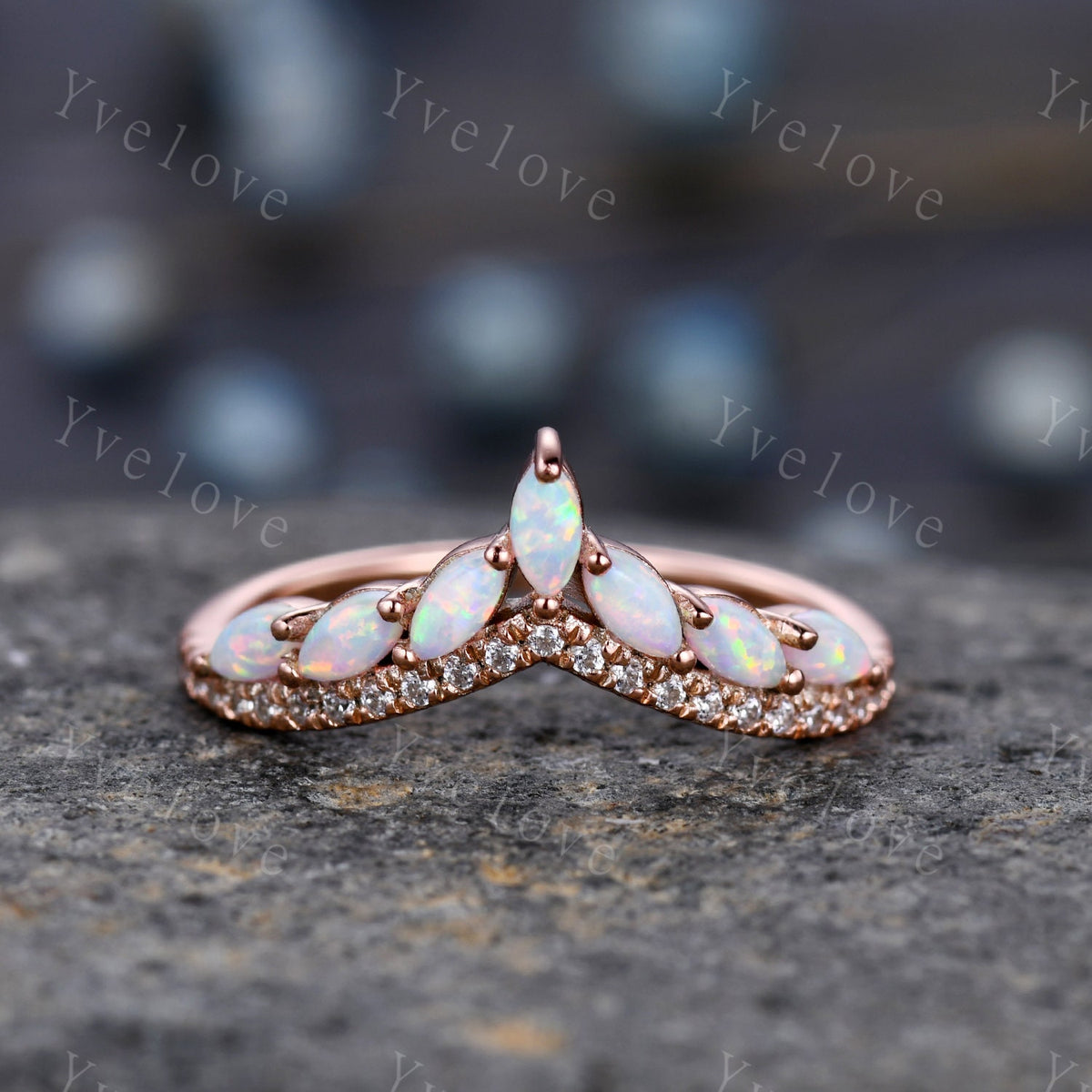 Multi-Gemstone Ring,White Fire Opal Rings, 14k Rose Gold Opal Engagement Ring, Opal Wedding Ring,Promise Ring, Statement Ring