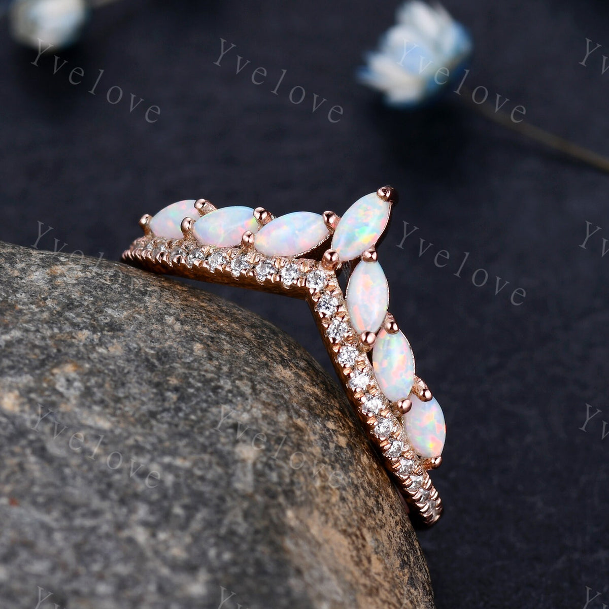 Multi-Gemstone Ring,White Fire Opal Rings, 14k Rose Gold Opal Engagement Ring, Opal Wedding Ring,Promise Ring, Statement Ring