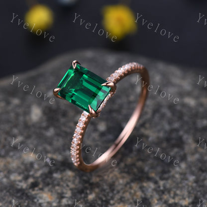 Emerald engagement ring 6x8mm emerald-cut lab created emerald ring real diamond wedding band diamond setting 14k white gold birthstone ring