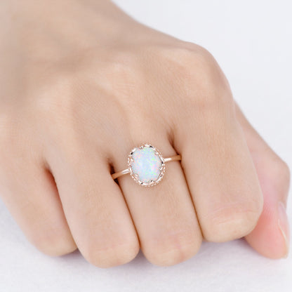 10x8mm Oval White Opal Engagement Ring Prong Set Opal Ring Solid 10K/14K/18K Rose Gold Anniversary Promise Ring Bridal Ring Christmas Gift