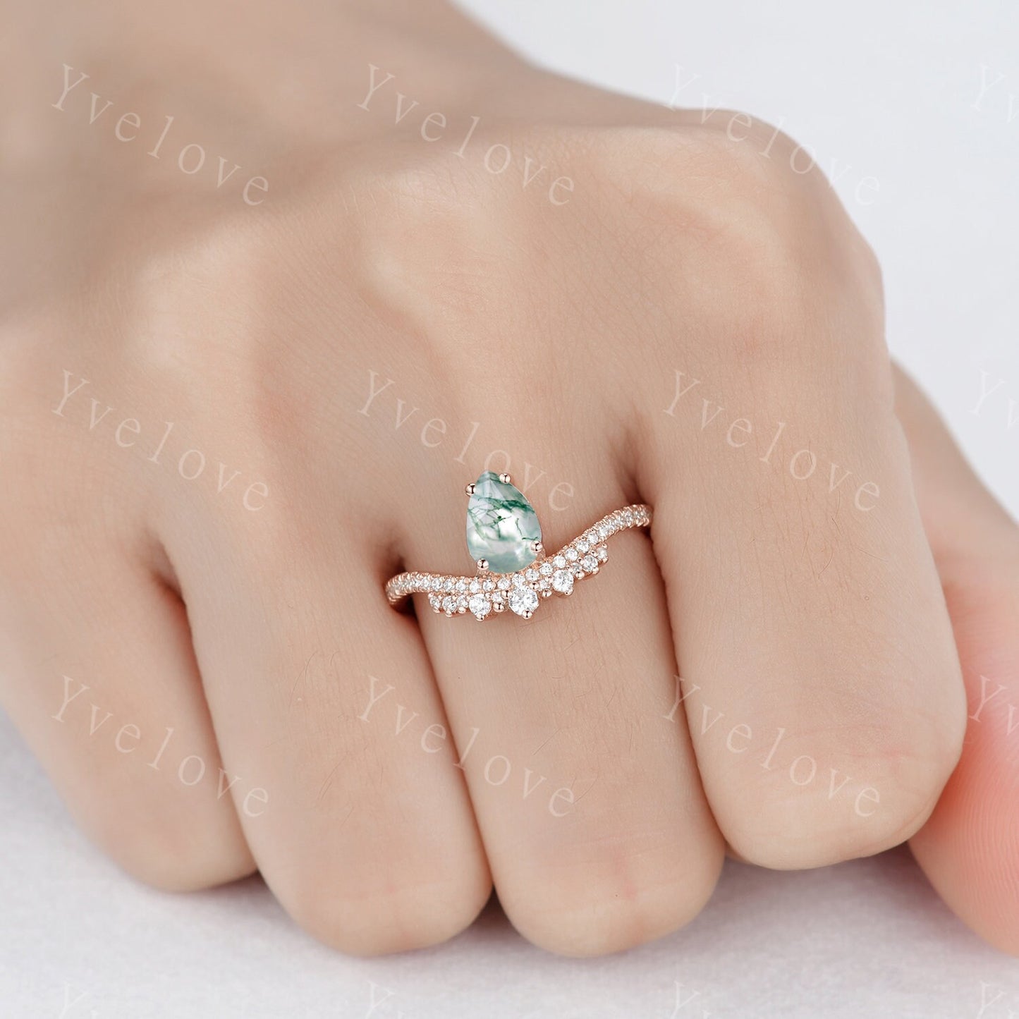 Pear Cut Moss Agate Engagement Ring Set Elegant Wedding Ring Set Marquise stacking wedding band Unique Vintage Bridal Set Anniversary Gift