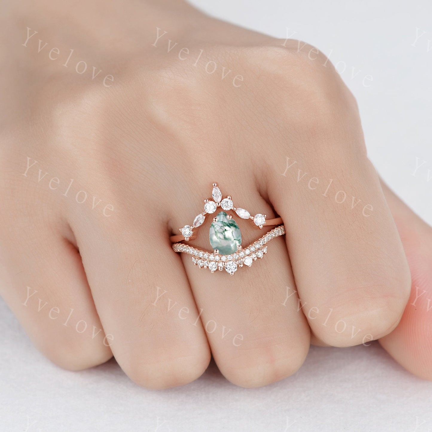 Pear Cut Moss Agate Engagement Ring Set Elegant Wedding Ring Set Marquise stacking wedding band Unique Vintage Bridal Set Anniversary Gift