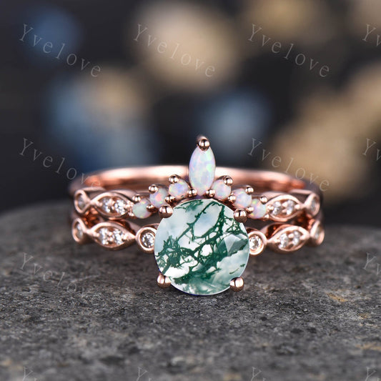 Moss agate engagement ring set solitaire ring rose gold art deco ring stacking curved opal diamond matching band promise jewelry birth gift