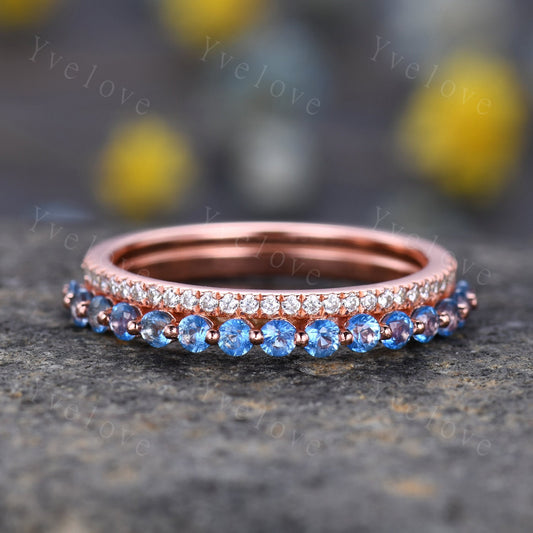 Geniune Swiss Blue Topaz Engagemnt Ring ,Topaz Wedding Band, Blue Gemstone Ring,Half Eternity Wedding Ring, December Birthstone, Gold Band