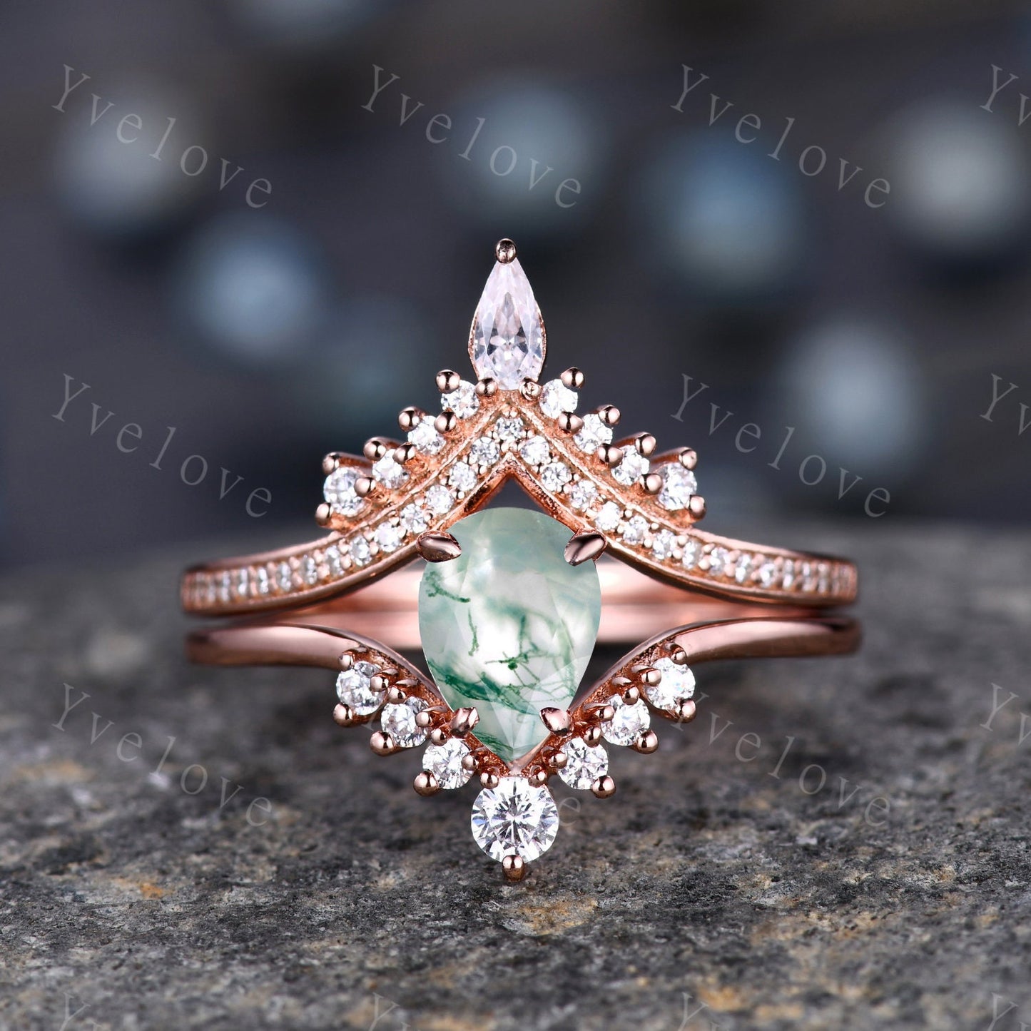 Pear moss agate ring 14k Solid Gold Vintage moss agate engagement ring set  Curved diamond Band Ring women art deco vintage moss engagement