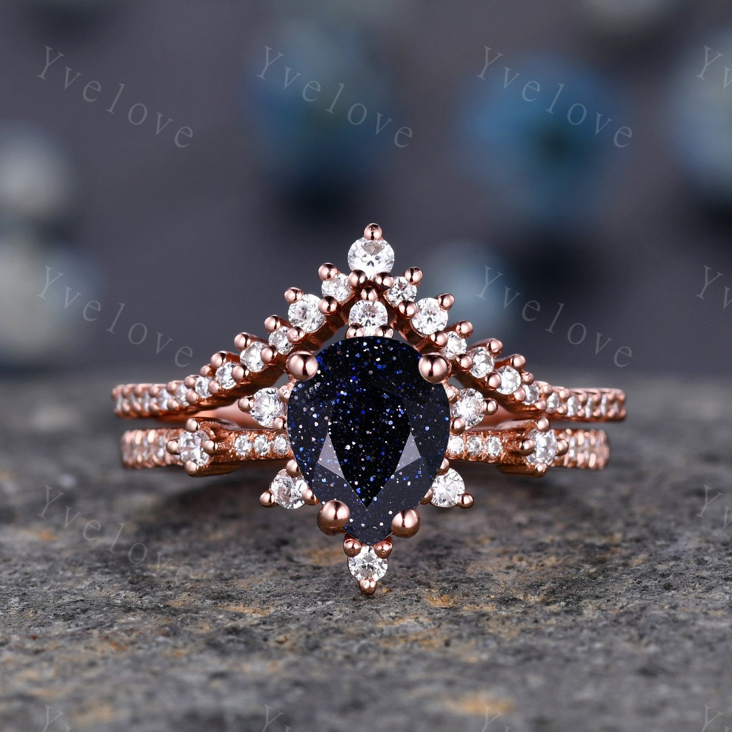 Vintage Blue Sandstone Ring Engagement Ring Set,Pear Cut Bridal Set ,925 Sterling silver Half Eternity Band