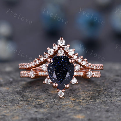 Vintage Blue Sandstone Ring Engagement Ring Set,Pear Cut Bridal Set ,925 Sterling silver Half Eternity Band