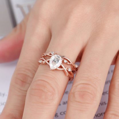 Unique Teardrop Moissanite Ring Set,Vintage Twig Diamond Engagement Ring Set,Branch Ring Set Gold,Twisted Ring Bridal Set,Dainty Ring Set